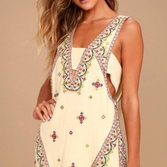Free People Dresses & Skirts - Free People Never Been Cream Backless Mini Dress with Colorful Embroidery